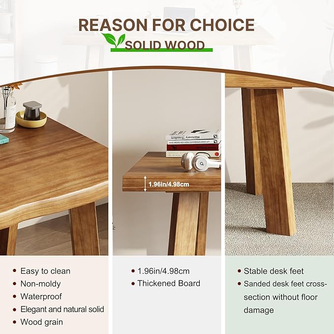 Solid Wood Desk 55 inches Live Edge Wooden Home Office Computer Desk Modern Simple Design for Writing Study Dining Gaming