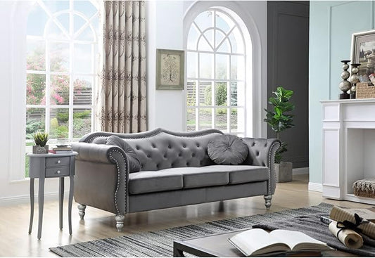 Maykoosh Velvet Sectional Sofa Tufted Living Room Couch Ruched Arm Style - 82 Wide Dark Gray