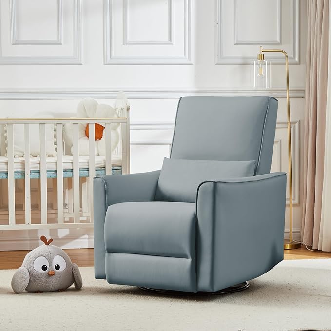 GarveeHome Recliner Chair 360° Swivel Rocker Glider Nursery Chair with Padded Armrest and Deep Seat PU Leather Upholstered Reclining Sofa Chair for Living Room Bedroom and Nursery (Gray)