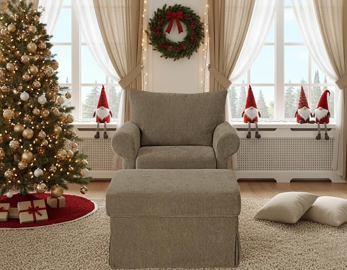 35.8 Accent Chair with Ottoman Set Comfy Chenille Upholstered Armchair with Rolled Arms Modern Single Reading Chair for Living Room Bedroom Apartment Brown