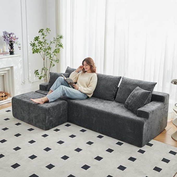 90.6 Sectional Boneless Couches Modern L-Shape Cloud Couch with Chaise Memory Foam Modular Sectional Sofas for Living Room Sofa in A Box No Assembly Required (Gray Left Facing Chaise)