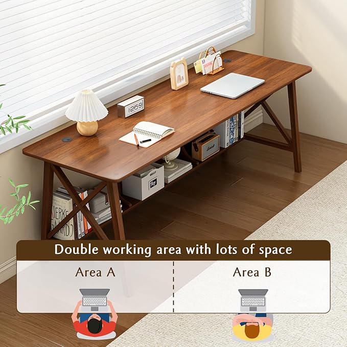 Extra Long Desk with Bookshelf - Wooden Home Office Work Study Table Writing Computer Workstation with Storage Shelf in Walnut 55 Wx20 Dx30 H