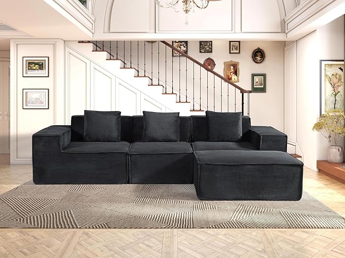 Harper Convertible Corduroy Sectional Couch with Ottoman &amp Pillows Modular L Shaped Sleeper Sofa Boneless Cloud Couch for Living Room Furniture Black