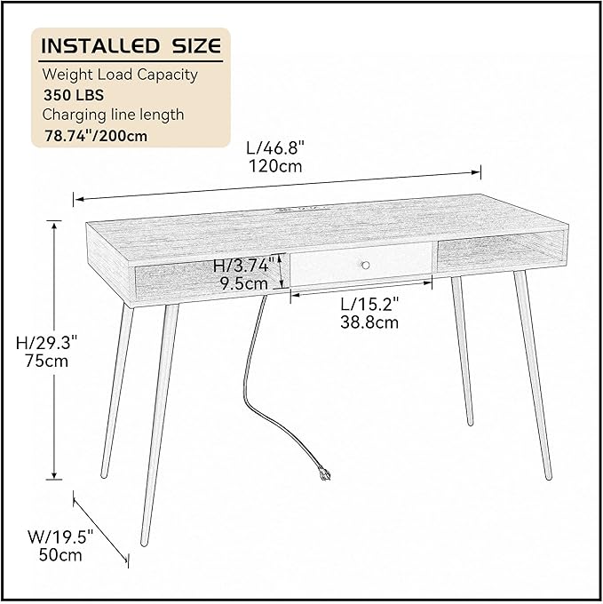 JUSTONE 47 Computer Desk for Home Office - Modern Study Desk with Built-in USB Ports &amp Power Outlet - Multi-Functional Writing Desk/Makeup Vanity - Industrial Two-Tone Black Oak &amp Dark Grey F