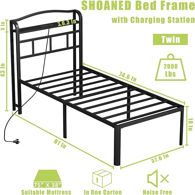 18 Inch Metal Bed Frame - Twin Size Black Heavy Duty Bedframe Platform Basic Mattress Foundation with Headboard &amp Charging Station No Box Spring Needed/Easy Assembly/Noise-Free