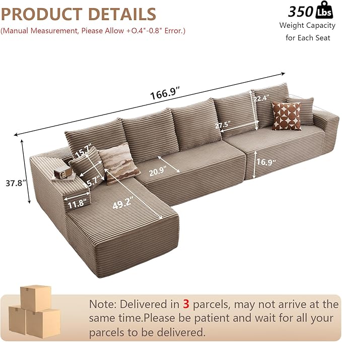 Cloud Modular Sectional Sofa for Living Room167x69.7 Oversized L-Shaped Couch with 7 PillowsBig Comfy Couches SetFluffy Deep-Seat Corduroy Sofa with ChaiseNo Assembly (CamelLeft-Facing Chaise)