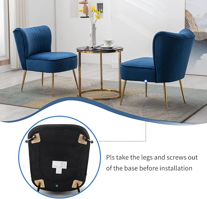 KCC Modern Velvet Upholstered Accent Chair Set of 2Mid Century Living Room Chairs with Golden LegsComfy Armless Chair Wingback Single Sofa Side Chair for BedroomBlue