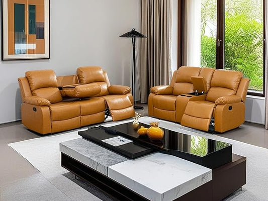2PCS Reclining Couch Living Room Furniture Sets Manual Recliner Sofa Set Bonded Leather Sofa and Loveseat with Drop-down Table/Cup Holders/Storage Console for Home/Office/Rv Car (GingerSofa+Loveseat)