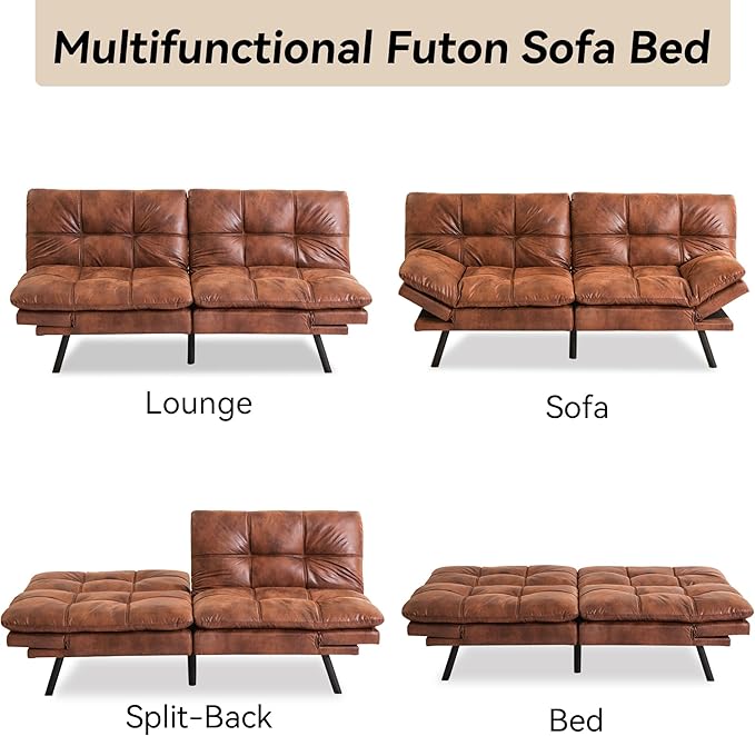 71 Convertible Futon Sofa BedBrown Faux Leather Futon CouchMemory Foam Reclining Sleeper Sofa BedModern Folding Small Loveseat Couches for Living RoomOfficeApartment