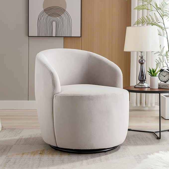 Swivel Barrel Accent Chair Velvet 360° Swivel Chair Small Leisure Chair Single Sofa Chair with Metal Swivel Base for Living Room Hotel Bedroom Office Coffee Shop (Gray + Velvet)