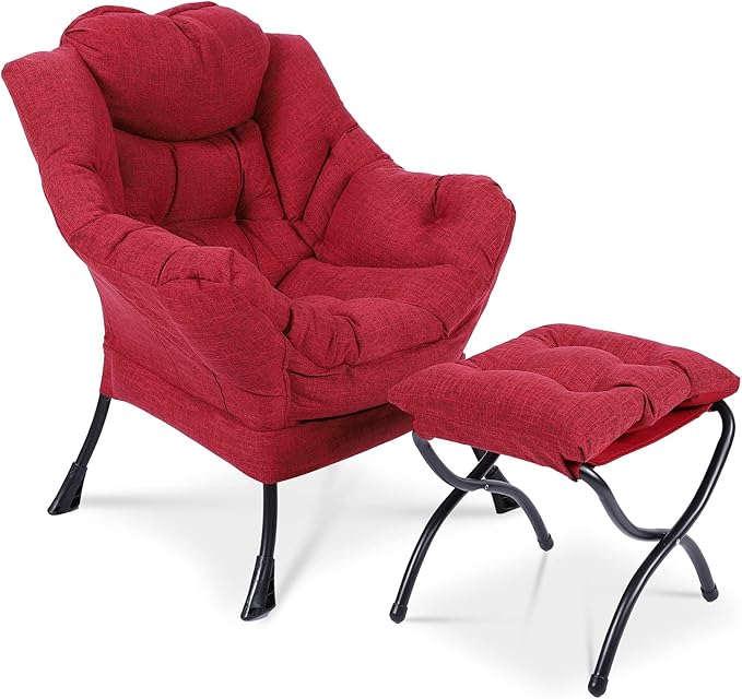 Modern Lazy Chair with Portable Ottoman Accent Contemporary Lounge Chair Steel Frame Leisure Sofa Chair Set with Footstool Armrests Side Pocket for Living Room Bedroom Office Red