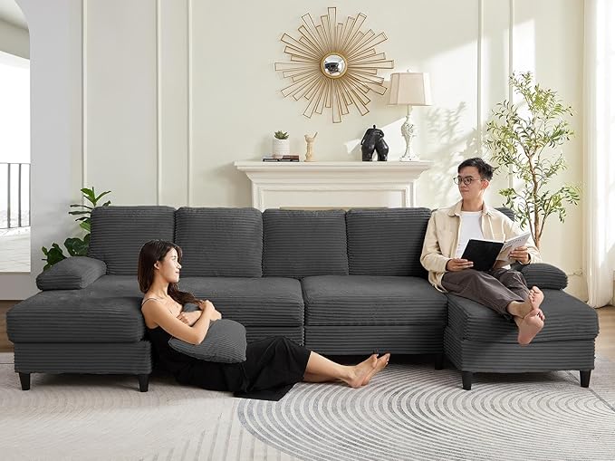 Mjkone 112 Width 4 Seater U Shaped Sofa Couch with Double Chaises Sectional Living Room Sofa Couches with Sleepable Armrest Corduroy Sleeper Sofas Couch Set for Living Room Sets Furniture Dark Grey