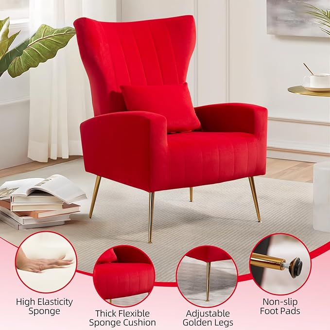 Modern Living Room Chairs Velvet Accent Chair Armchair with Lumbar Pillow High Back Bedroom Chairs Vanity Chair Barrel Chair Arm Chair with Gold Legs Red