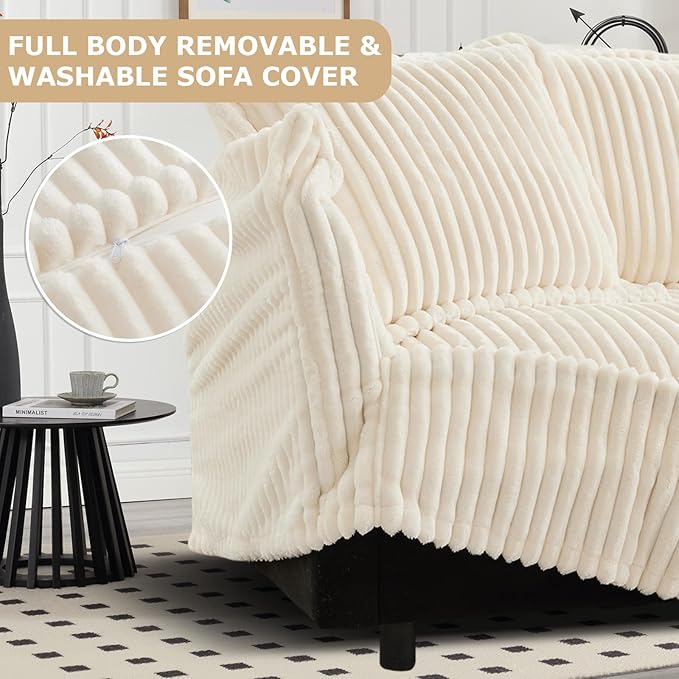 49''W Corduroy Chaise Lounge Chair Indoor Oversized Upholstered Sleeper Sofa with Movable Ottoman and 2 Pillows Removable Sofa Cover for Living Room Home Theater Apartment(Beige)