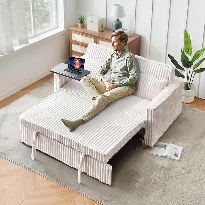 54'' Corduroy 3-in-1 Convertible Sofa Bed Pull Out Sleeper Loveseat Couch with USB Ports &amp Storage Pockets Futon Couches for Small Space Living Room Apartment (Yellow New)