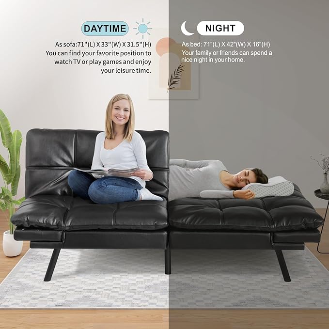 MUUEGM Futon Sofa Bed CouchConvertible Futon Sofa CouchLoveseat Sleeper Sofa BedModern Sofa Bed for Living RoomOfficeApartment71″Fabric Futon Couch with Adjustable BackrestJet Black