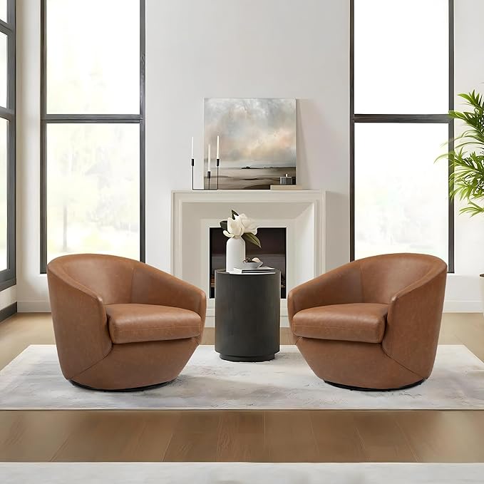 Swivel Barrel Accent Chair Modern Round Faux Leather Arm Chair for Living Room Bedroom Comfy Club Reading Chairs for Adults(Faux Leather Brown Set of 2)