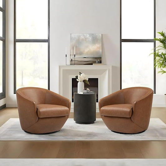 Swivel Barrel Accent Chair Modern Round Faux Leather Arm Chair for Living Room Bedroom Comfy Club Reading Chairs for Adults(Faux Leather Brown Set of 2)