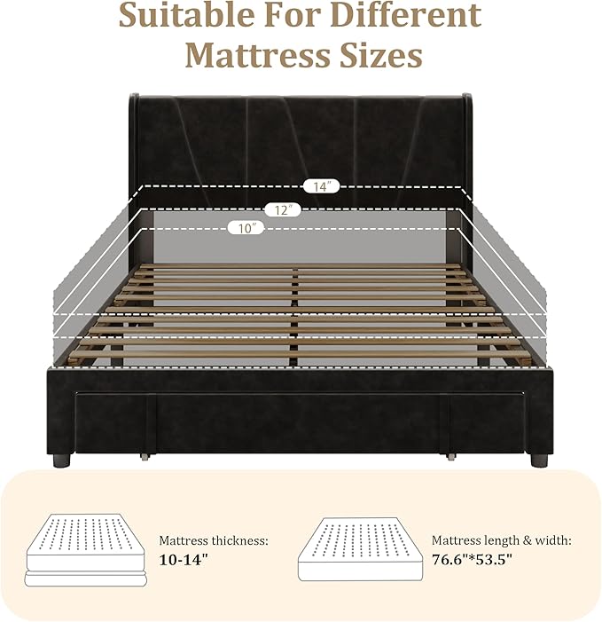 Full Bed Frame with Storage Drawers Velvet Upholstered Full Size Platform Bed with 47 Tall Headboard and Wingboard No Box Spring Needed Noise Free Easy Assembly Wooden Support Slats Black