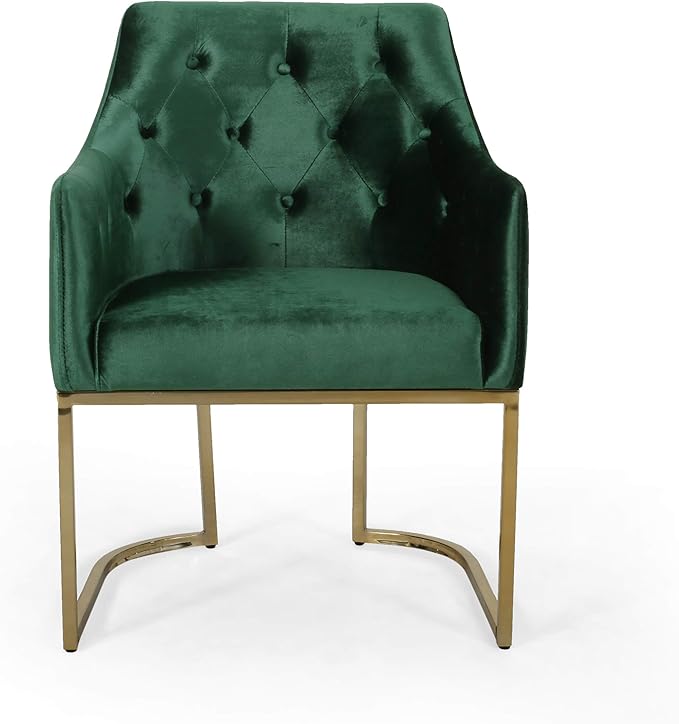 Christopher Knight Home Fern Modern Tufted Glam Accent Chair with Velvet Cushions and U-Shaped Base Emerald and Gold Finish 26D x 26W x 34H