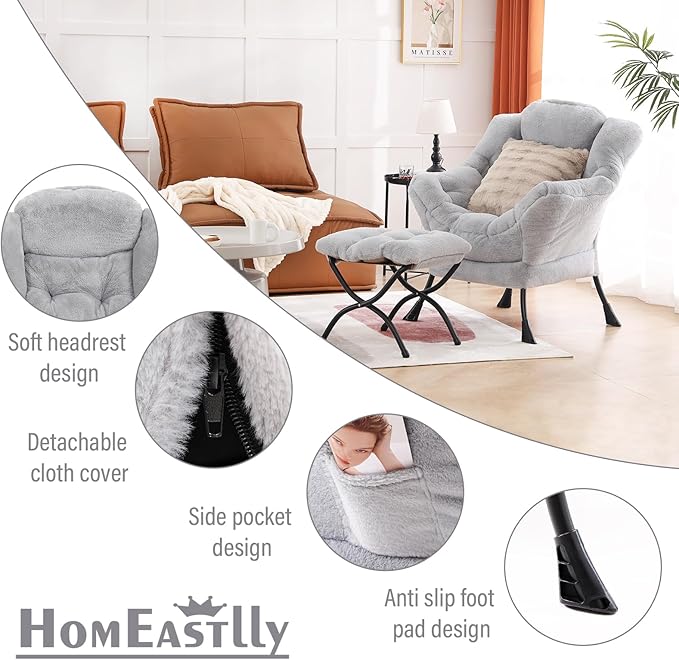 Lazy Chair with Ottoman Large Light Grey Accent Chair with Ottoman and FA Throw Pillow Comfy Plush Reading Chair for Living Room Bedroom Dorm Room Office Apartment Relaxing Use