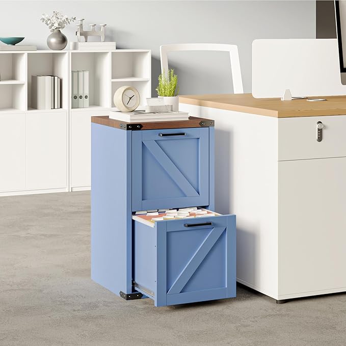 VINGLI 2 Drawer Farmhouse Metal File Cabinet Home Office Filing Organizer for Letter File Folder Storage Printer Stand with Drawers Archivador Vertical Filing Cabinet for Study Business (Blue)