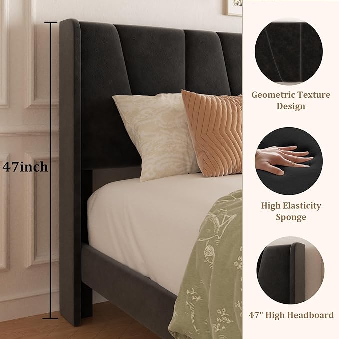 Full Bed Frame with Storage Drawers Velvet Upholstered Full Size Platform Bed with 47 Tall Headboard and Wingboard No Box Spring Needed Noise Free Easy Assembly Wooden Support Slats Black