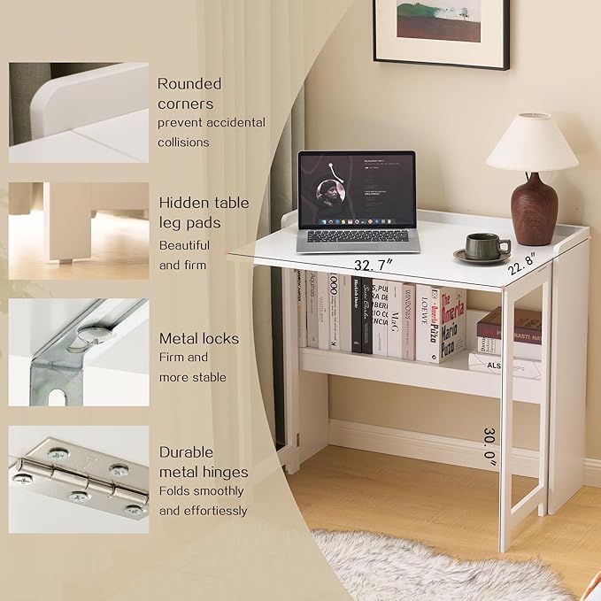 Foldable DeskFolding Table with Storage Shelf32.6 Inch Fold Out Computer Desk for Small SpacesWriting Desk for Bedroom Home Office Dorm and Apartment (White)