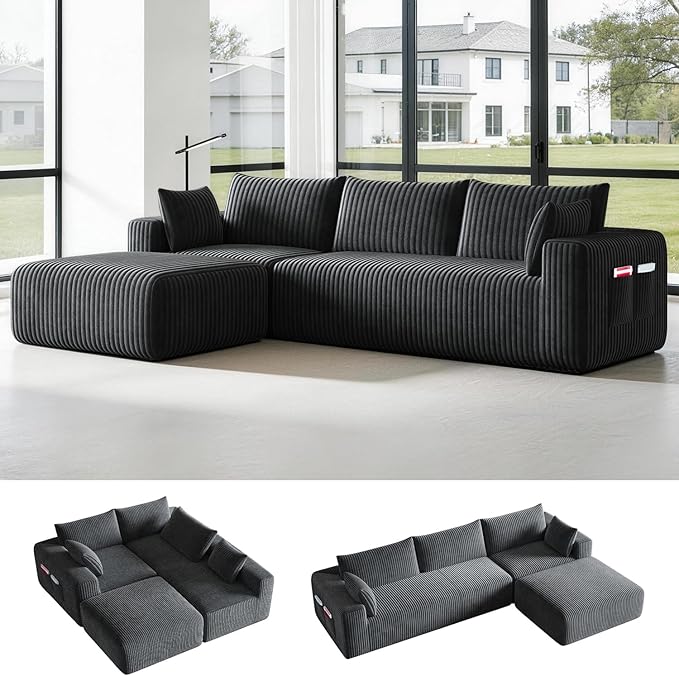 108 Boneless Couch Modular Sectional Couches for Living Room L Shaped Deep Seat Chaise with Side Pockets No Assembly Required Plush Corduroy Fabric Sleeper Sofa for Apartments Dark Grey