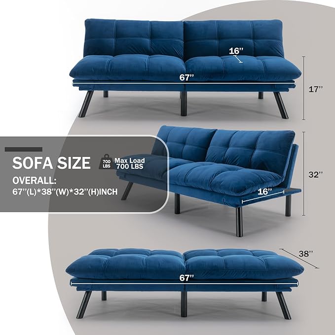 Convertible Futon Double Sofa Bed2 in 1 with Adjustable Backrest Memory Foam Loveseat for Living Room Bedroom Office Apartment Compact Sofa(Blue)