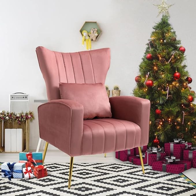 Velvet Accent Chair for Living Room Bedroom Modern Arm Chair with Wingback &amp Gold Metal Legs Lumbar Pillow Included Blush Pink
