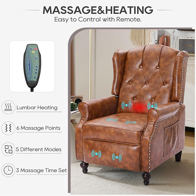 Wingback Recliner Chair with Massage and Heat Tufted Back PU Leather Living Room Armchair with Nailhead TrimPush Back Recliner Chair with Remote ControlPadded Cushion (Tawny Brown)