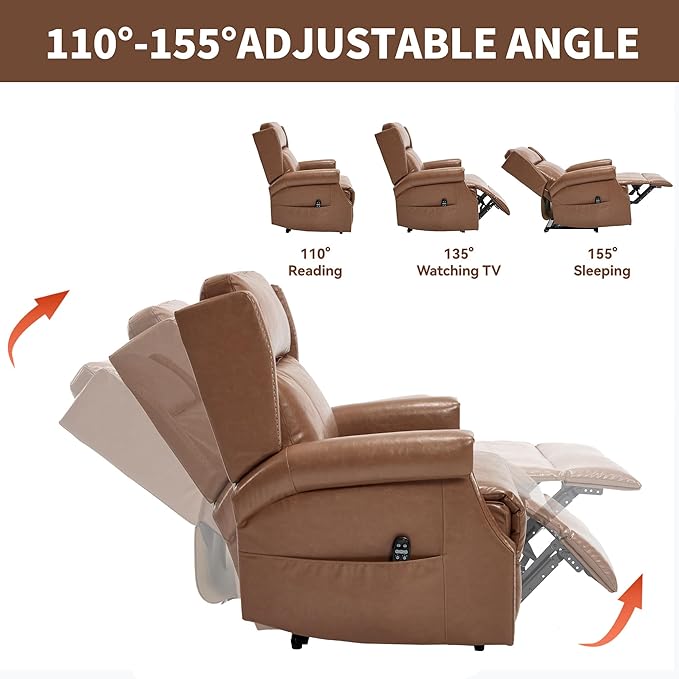 KEIKI Oversized Recliner Chair Manual Leather Recliner Chair with 8 Vibration Back Massager and Heating for Living Room Fiber Foam Moderen Rocking Lounge Reading Chair Camel