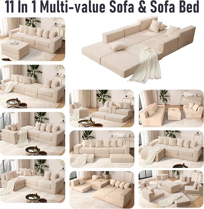 102 Upgraded L-shaped Modular Sectional Couches for Living Room Convertible Oversized Sleeper Sofa Bed-Luxury 1.5 Queen Bed. 11-in-1 Multifunctional Corduroy Boneless Folding Futon Couch Beige.