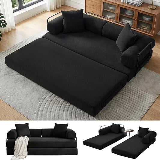 Convertible Folding Sofa Bed Modular Floor Sofa with Removable Backrest Corduroy Folding Mattress Couch with Fixed-Shape Frame for Living Room Bedroom Lounge (Black)