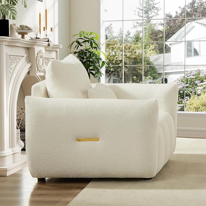 Modern Accent Chair 36.8W Teddy Bouclé Comfy Armchair with 3 Pillows Tufted Upholstered Cloud Single Sofa Chairs Deep Seat Reading Lounge Chair for Living Room Bedroom Office Apartment(Beige)
