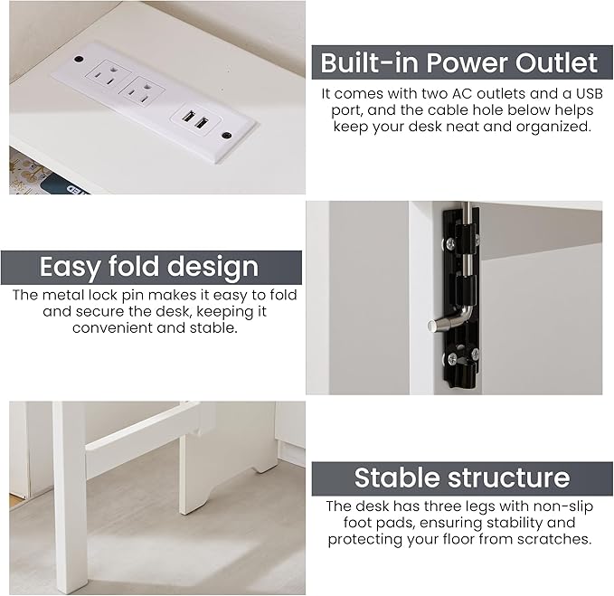Fold Out Desk with Power Outlets Small Foldable Table with Storage ShelfSpace-Saving Hidden Desk for Bedroom Living Room &amp Office (White)