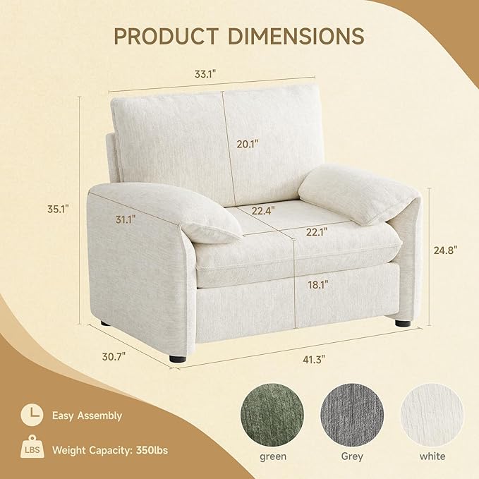 ONBRILL Oversized Accent Chair 41 Inch Chenille Fabric Armchair Comfy Single Sofa Chair with Padded Arms Pocket Spring Cushion Modern Reading Chair for Living Room Bedroom Beige