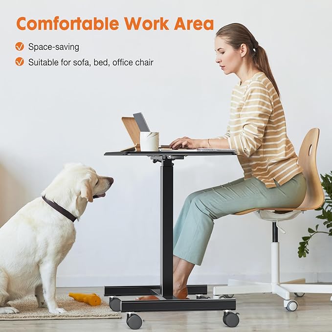DUMOS Small Standing Desk Mobile Portable Rolling Laptop PC Table on Wheels Adjustable Height Computer Workstation for Home Office 19 Inch Black