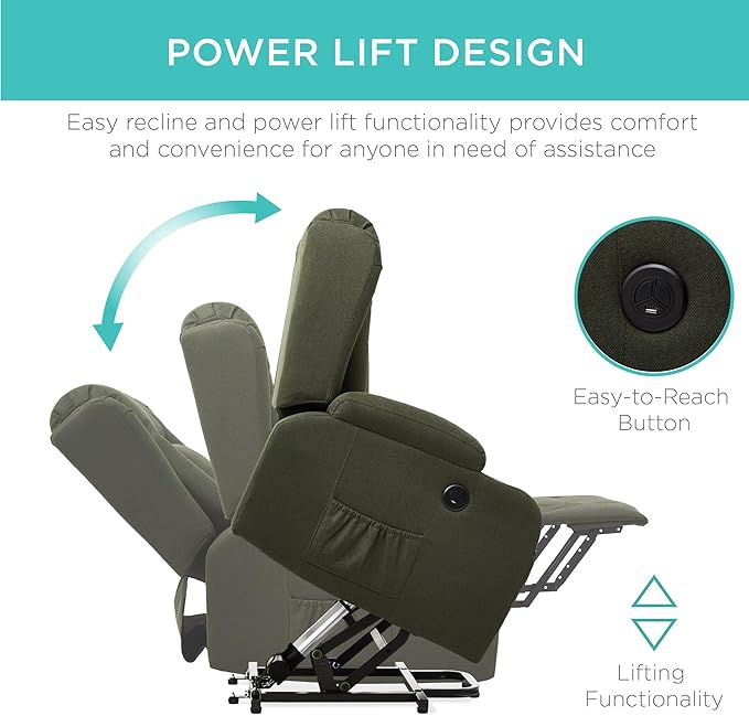 Best Choice Products Modern Linen Electric Power Lift Chair Recliner Massage Chair Adjustable Furniture for Back Legs w/ 3 Positions USB Port Heat Cupholders Easy-to-Reach Button - Olive