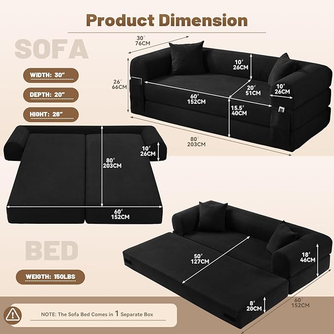 Convertible Futon Sofa Bed80 Folding Pull Out Couch with Pillows &amp Storage Pocket (Black Corduroy-30 W)