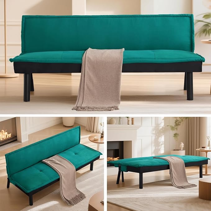 Futon Sofa Bed Couch 64.6 Convertible Sleeper Sofa with 5 Positions Adjustable Backrest Velvet Couch Bed with Solid Wood Frame for Home Office Living Room Guest Dorm Green