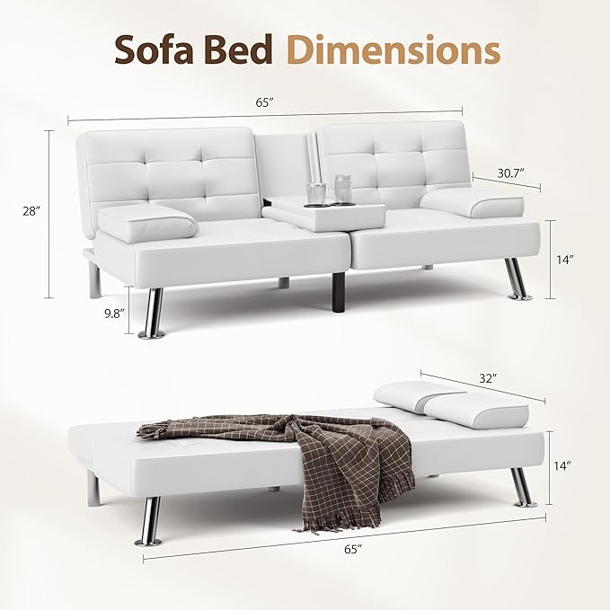 Shahoo Convertible Folding Futon Sofa Bed Sleeper Couch for Living Room Faux Leather Upholstered Loveseat w/Removable Armrests Metal Legs 2 Cup Holders White