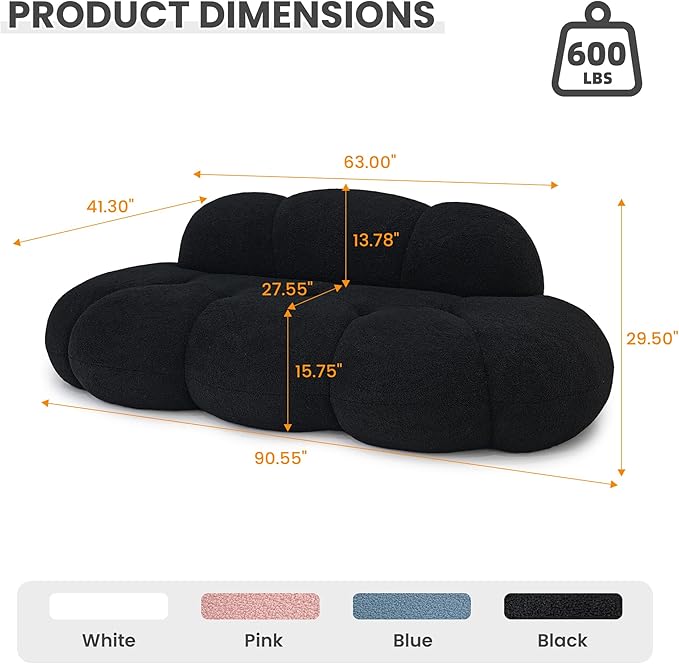 Floor Couch Modern Curved Loveseat Sofa Lazy Sofa Round Floor Sofas Cloud Memory Foam Couches for Living Room Apartment Small Spaces (No Assembly Black)