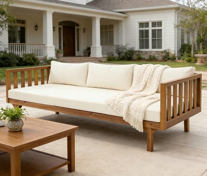 Merax Solid Acacia Wood Couch Chaise Lounge Chair Indoor 3 Seater Daybed Sofa Couches with Cushions &amp Pillow Heavy Frame Day Bed for Living Room Office Outdoor Balcony Patio Water Resistant