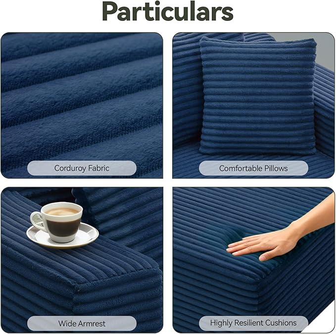 106 Modular Sectional Sofa Blue Corduroy Cloud Couch with Right Chaise Deep Seat Boneless Floor Sofa for Living Room High-Resilience Foam Support No Assembly Required Includes Pillows | Sectiona
