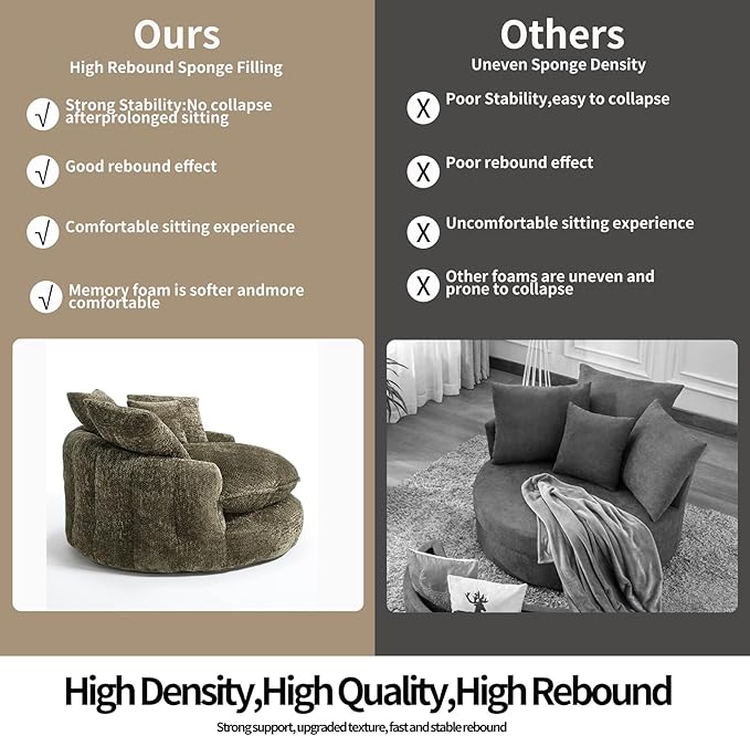 55 inch Oversized Round Chair Fluffy Chenille Boneless Sofa with Extra Deep Seat for Living Room Lounge (Olive Green)