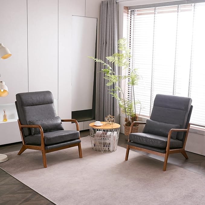 Karl home Accent Chair Mid-Century Modern Chair with Pillow High Back Bronzing Cloth Upholstered Lounge Arm Chair with Solid Wood Frame &amp Soft Cushion for Living Room Bedroom Balcony Dark Gray