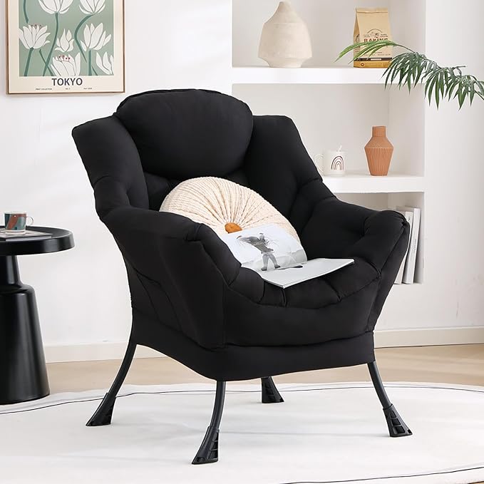 Lazy Chair Large Accent Chair Modern Comfy Armchair Black Chair for Living Room Bedroom Dorm Room Office Apartment Reading Relaxing Use