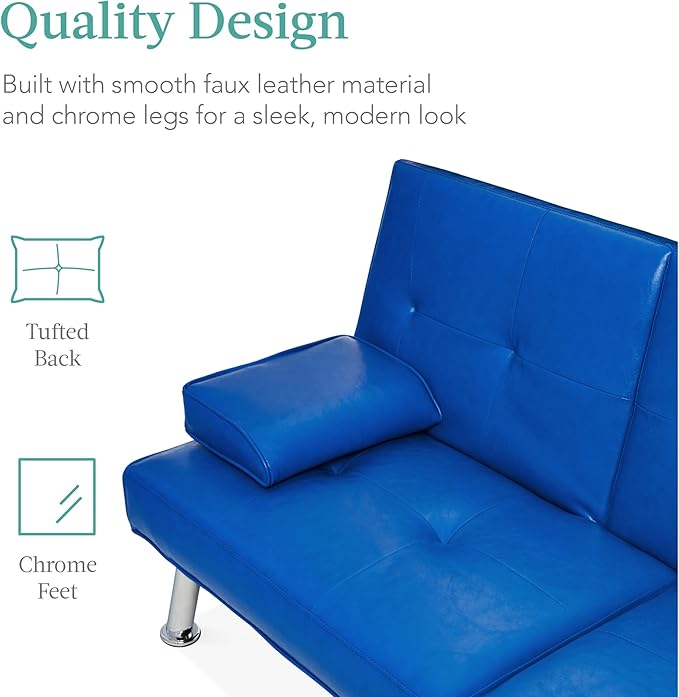 Best Choice Products Faux Leather Upholstered Modern Convertible Futon Adjustable Folding Sofa Bed Guest Bed w/Removable Armrests - Royal Blue